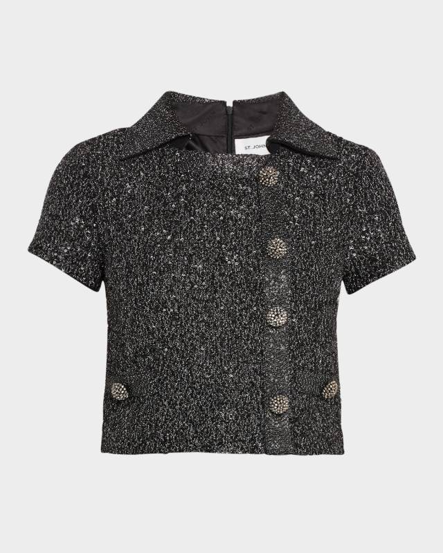 Lurex Knit And Signature Stretch Sequin Knit Collar Jacket W Decorative Buttons